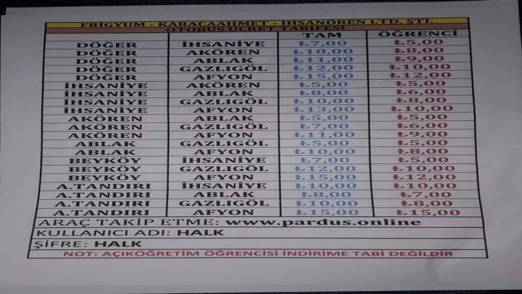 Döğer Afyon arası yolcu taşımacılığı ücretleri belli oldu.